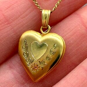 Vintage Gold Filled Heart Locket Necklace 1/20 10K GF Red Heart Floral Pendant